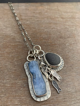 Load image into Gallery viewer, Lake Erie beach stone charm necklace, with a blue kyanite, and tiny fish charms