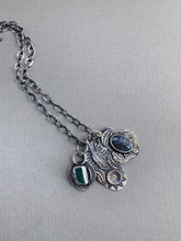 Load image into Gallery viewer, Sterling silver feather and sun charm, dendritic agate antler charm, and apatite charm