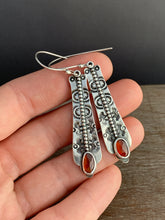 Load image into Gallery viewer, Hessonite garnet stamped earrings
