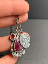 Load image into Gallery viewer, Pink Sapphire charm necklace, with a tiny garnet, and bird accent charm