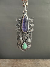 Load image into Gallery viewer, Tanzanite and turquoise Shield pendant