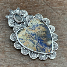 Load image into Gallery viewer, Plume agate and grey moonstone Sacred Heart pendant