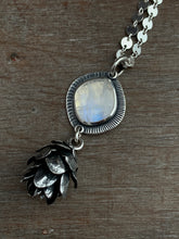 Load image into Gallery viewer, Cast cedar cone necklace with a moonstone