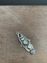Load image into Gallery viewer, Owl pendant #13 with tourmaline, Peruvian Opal, chocolate moonstones, rainbow moonstone, and a grey moonstone