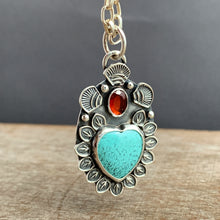 Load image into Gallery viewer, Turquoise and garnet Sacred Heart Pendant