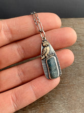 Load image into Gallery viewer, Bronze owl charm with kyanite