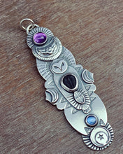 Load image into Gallery viewer, Owl pendant - Trilobite, amethyst, and kyanite