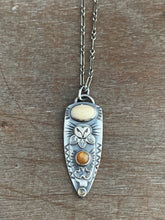 Load image into Gallery viewer, Owl pendant #6 - Fossilized Mastodon Ivory, Golden Moonstone and Labradorite