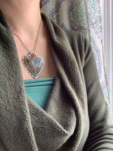 Load image into Gallery viewer, Plume agate and fire opal Sacred Heart pendant