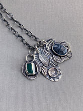 Load image into Gallery viewer, Sterling silver feather and sun charm, dendritic agate antler charm, and apatite charm