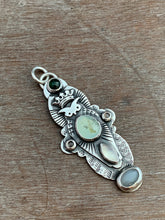 Load image into Gallery viewer, Owl pendant #13 with tourmaline, Peruvian Opal, chocolate moonstones, rainbow moonstone, and a grey moonstone
