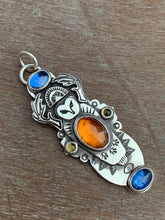 Load image into Gallery viewer, Owl pendant #14 with Blue Kyanites, Hessonite Garnet, and two Tourmalines