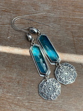 Load image into Gallery viewer, Apatite and moonstone earrings with dangling mandala