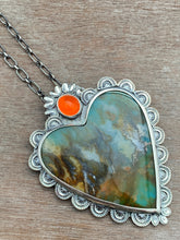 Load image into Gallery viewer, Plume agate and fire opal Sacred Heart pendant
