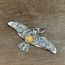 Load image into Gallery viewer, Large golden hamsa stamped bird pendant