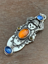 Load image into Gallery viewer, Owl pendant #14 with Blue Kyanites, Hessonite Garnet, and two Tourmalines