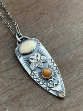 Load image into Gallery viewer, Owl pendant #6 - Fossilized Mastodon Ivory, Golden Moonstone and Labradorite