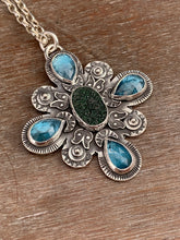 Load image into Gallery viewer, Uvarovite druzy and kyanite medallion