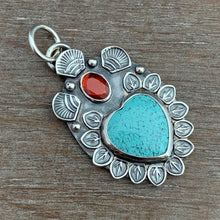 Load image into Gallery viewer, Turquoise and garnet Sacred Heart Pendant