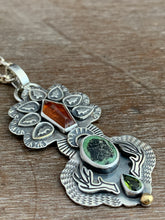 Load image into Gallery viewer, Hessonite garnet and Pixie turquoise elaborate pendant