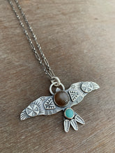 Load image into Gallery viewer, Large chocolate moonstone stamped bird pendant