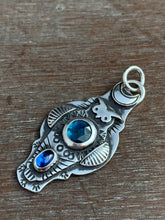 Load image into Gallery viewer, Owl pendant #8 with Kyanites *PLease note, the top kyanite is a vivid teal blue my camera cannot depict*