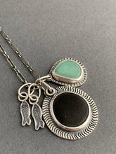 Load image into Gallery viewer, Lake Erie beach stone charm necklace, with a teal ceramic shard, and tiny fish charms