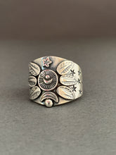 Load image into Gallery viewer, Medium Size 9.5 moon, stars, and feathers shield ring