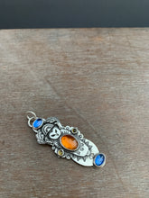 Load image into Gallery viewer, Owl pendant #14 with Blue Kyanites, Hessonite Garnet, and two Tourmalines