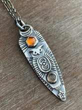 Load image into Gallery viewer, Owl pendant #14 -hessonite garnet and chocolate moonstone