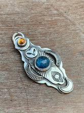 Load image into Gallery viewer, Owl pendant #11 with Citrine and Kyanite *Please note Kyanite is a vivid teal blue my camera cannot depict