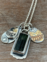 Load image into Gallery viewer, Green tourmaline crystal and rutilated quartz charm necklace