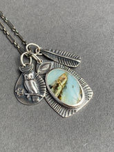 Load image into Gallery viewer, Peruvian blue opal charm necklace with owl and feather charms