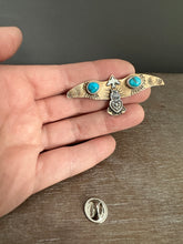 Load image into Gallery viewer, Bronze and silver stamped bird brooch with turquoise
