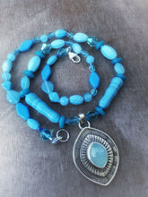Load image into Gallery viewer, Layered silver and Aquamarine eye pendant with hand knotted vintage glass beads
