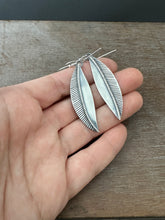 Load image into Gallery viewer, Stamped silver leaf earrings

