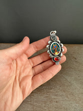 Load image into Gallery viewer, Cloisonné glass enamel pendant with trilobite fossil and garnet
