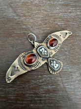 Load image into Gallery viewer, Bronze and silver stamped bird pendant with garnets
