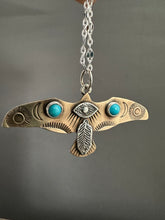 Load image into Gallery viewer, Bronze and silver stamped bird pendant with turquoise
