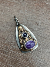 Load image into Gallery viewer, Bronze Mysterious Woman Pendant with Purple Stones
