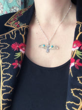 Load image into Gallery viewer, Bronze and silver stamped bird pendant with turquoise
