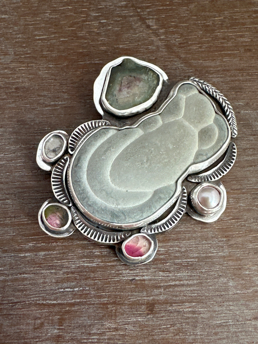 Fairy stone Pendant/Brooch with tourmalines and a pearl