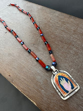 Load image into Gallery viewer, Cloisonné Enamel Hand Medallion on Carnelian and Apatite Beaded Necklace
