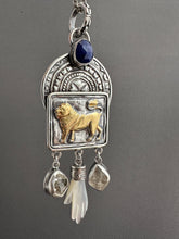 Load image into Gallery viewer, Golden Lion with Herkimer quartz, lapis, and a shell hand

