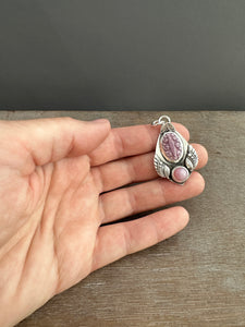 Purple enamel and pink opal pendant