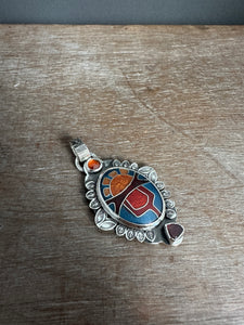 Cloisonné glass enamel with garnet and red spinel pendant