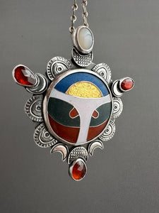 Cloisonné glass enamel with garnets and moonstone