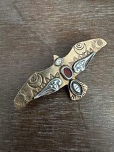 Load image into Gallery viewer, Bronze and silver stamped bird brooch with garnet
