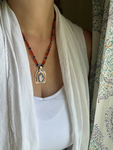 Load image into Gallery viewer, Cloisonné Enamel Hand Medallion on Carnelian and Apatite Beaded Necklace
