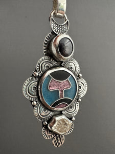 Cloisonné glass enamel pendant with ruby and quartz